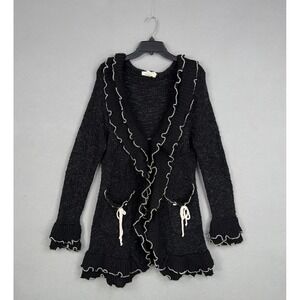 Michael K USA Sweater Womens XL Black Ruffle Trim Knit Cardigan Lagenlook